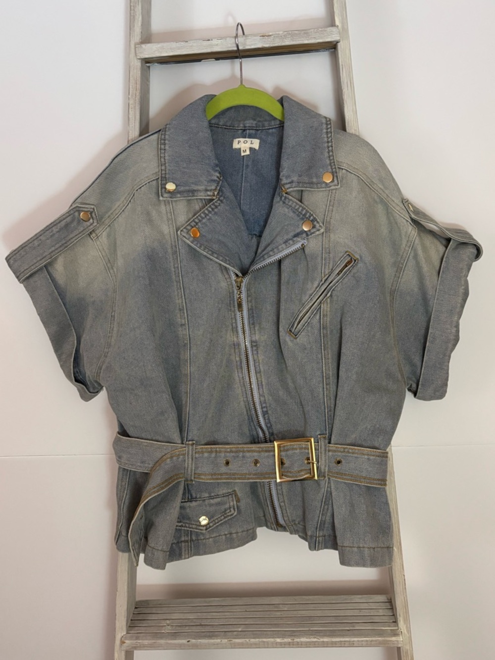 POL Short-Sleeve Washed Gray Denim Moto Jacket with Belt